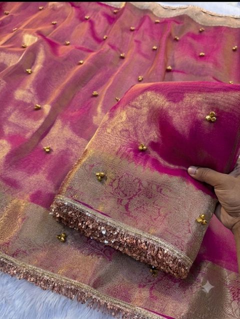 Banaras Silk Palace Embellished Bollywood Tissue Saree Red - Image 6