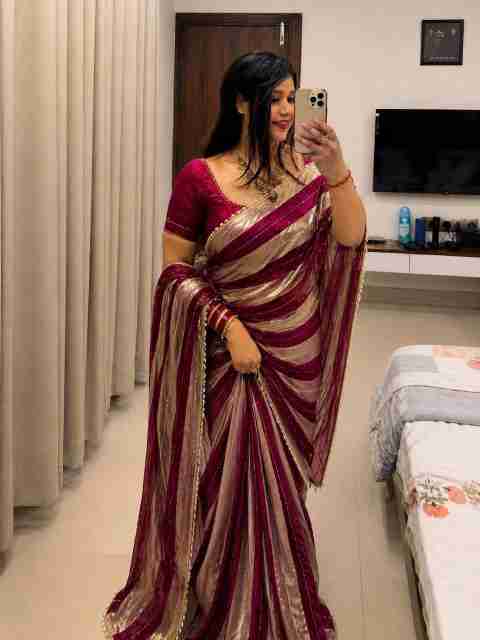 Jay Bajrang Fashion Color Block Bollywood Tissue Saree (Gold, Pink) - Image 5