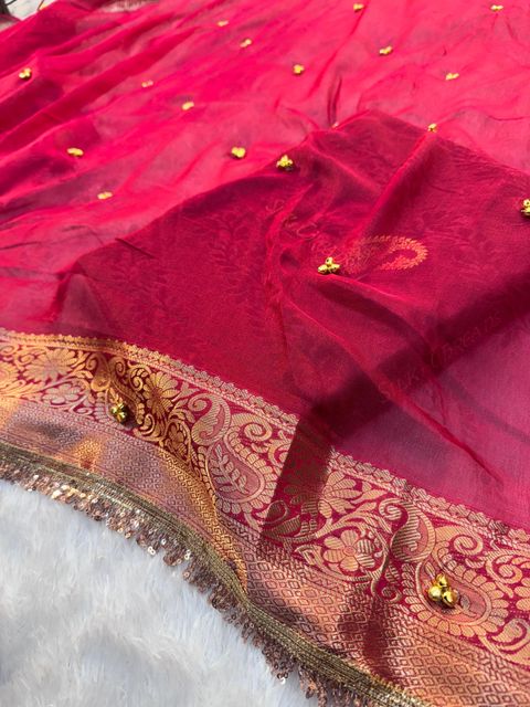 Banaras Silk Palace Woven Bollywood Chiffon Saree Pink - Image 6