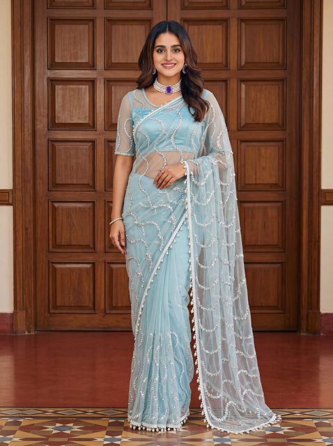 PD CLOTH VILLA Embellished Bollywood Net Saree (Light Blue) - Image 3