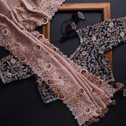 PRATYAMFASHION Embroidered Bollywood Silk Blend, Velvet Saree (Multicolor) - Image 5