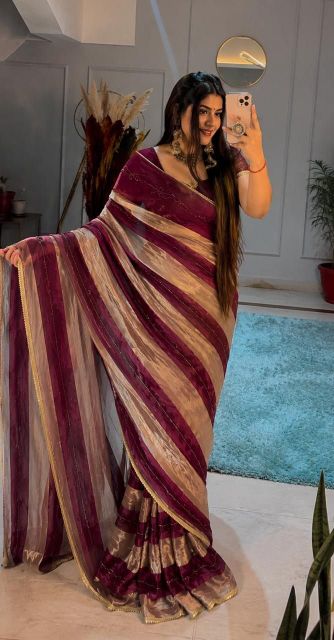 Jay Bajrang Fashion Color Block Bollywood Tissue Saree (Gold, Pink) - Image 7