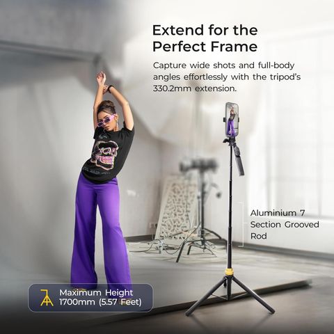 DIGITEK DTR-555 SS 5.57ft Foldable Tripod Selfie Stick for Smartphones & Cameras, 360° Rotation, 3-Leg Base, 2Kg Load, 10m Wireless Remote, 7 Section Bluetooth Selfie Stick (Black, Remote Included) - Image 8