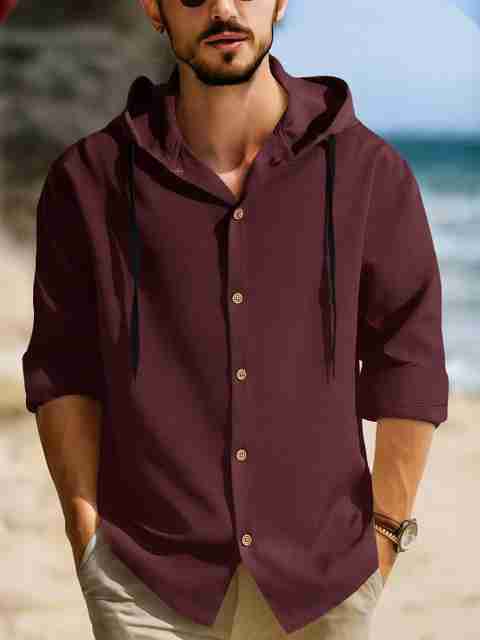 EyeBogler Men Relaxed Fit Solid Hood Collar Casual Shirt - Image 5