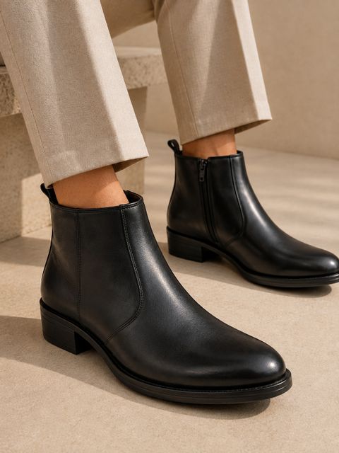 Roadster Men Black Pointed Toe Ankle Boots with Side Zip & Low Stacked Heel Boots For Men (Black , 6) - Image 6