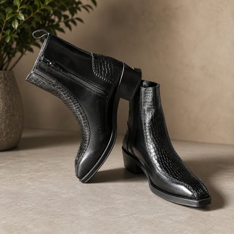 delvoro Croco Pattern Cuban Heel Boots for Men (Black, 7) - Image 8