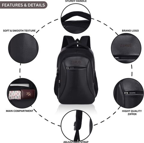 ZERUS Medium 30 L Laptop Backpack Pu Leather School with 3 Compartment Bag for Men Women Boys & Girls (Black) - Image 8