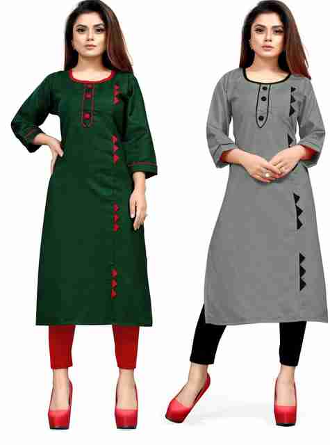 AAI MOGAL Women's Cotton Blend Straight Kurta Pack of 2 (Green, Grey) - Image 5