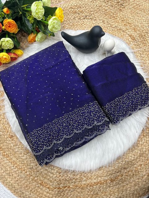 sadika Embellished Bollywood Chiffon Silk Saree (Blue) - Image 7