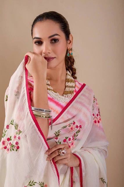 SILKORA Embroidered Bollywood Chiffon Saree (Beige) - Image 7