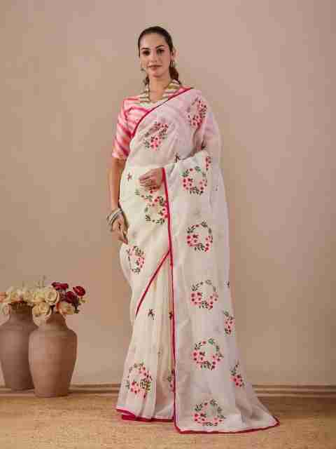 SILKORA Embroidered Bollywood Chiffon Saree (Beige) - Image 5