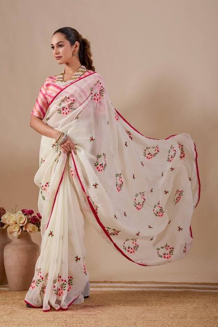SILKORA Embroidered Bollywood Chiffon Saree (Beige) - Image 6