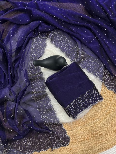 sadika Embellished Bollywood Chiffon Silk Saree (Blue) - Image 6