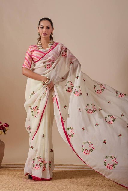 SILKORA Embroidered Bollywood Chiffon Saree (Beige) - Image 8