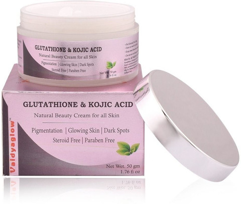glutathione and kojic acid cream Vaidyaglow Glutathione, kojicacid, Vitamin C Natural Beauty For All Skin Price in India STRENGTH:10 MG Copper Peptides For Hair 25% Vitamin C +