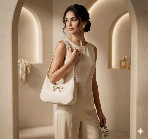 Zenvyra Beige Women Sling Bag Eleganté Chic Bow-Embellished Hobo Bag - Image 6