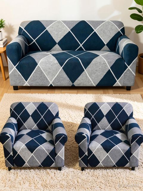 Sinicki Polyester 3+1+1 Seater Sofa Cover Set (Pack of 3, Blue/Grey) - Image 7