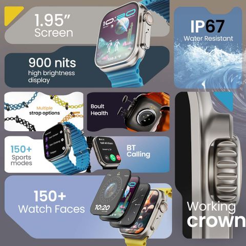 GOBOULT बà¥à¤²à¥à¤ Crown 1.95'' HD Display, BT Calling, Working Crown, 900 Nits, SpO2 सà¥à¤®à¤¾à¤°à¥à¤à¤µà¥à¤ (नà¥à¤²à¤¾ सà¥à¤à¥à¤°à¥à¤ª) - Image 6