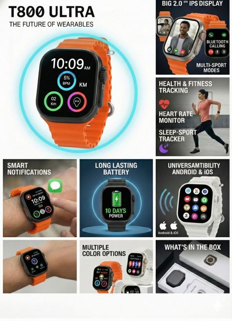 RLS T800 Ultra 2.0 HD Large Display Smart Watch with Dual Button Control Smartwatch (Orange Strap, free size) - Image 4