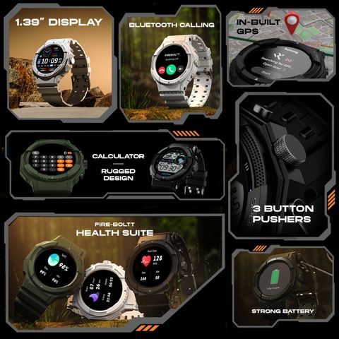 Fire-Boltt Quest 35.3mm (1.39 inch) Display, GPS, BT call, 100+ Sports Modes, Rugged Smartwatch (Military Green Strap, Free Size) - Image 4