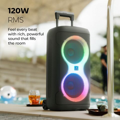 ZEBRONICS Party Fyre 120, 7H Playback, LED, Wireless Mic, 9 RGB Modes,handle and wheels 120 W Bluetooth Party Speaker (Black, Mono Channel) - Image 4