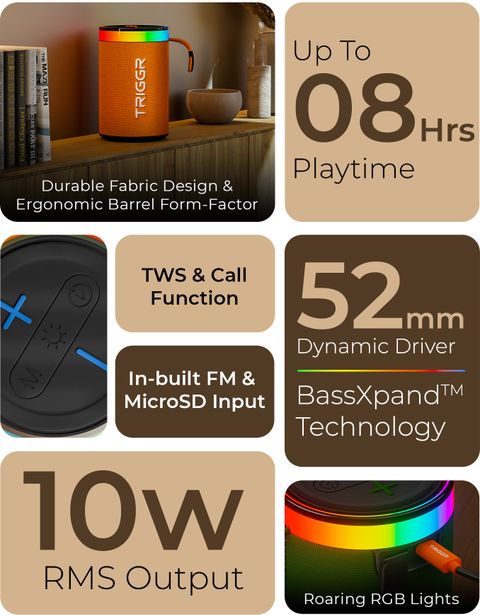 TRIGGR Roar 10 with RGB Lights, Fabric Exterior, TWS & FM Mode, 8H Playtime 10 W Bluetooth Speaker (Ember Orange, Mono Channel) - Image 6