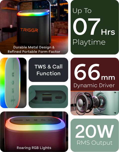 TRIGGR Roar 20 with RGB Lights, Metal Mesh, TWS & FM Mode, 7H Playtime, BT v5.4,20W 20 W Bluetooth Speaker (Black Eclipse, Mono Channel) - Image 6