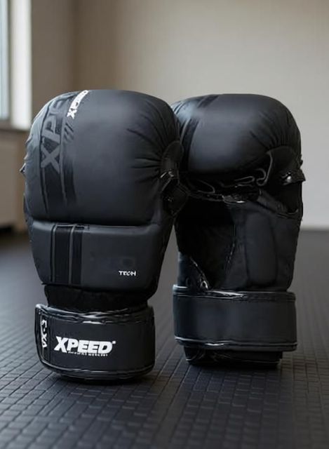 XpeeD Striking MMA Gloves | Matt PU Grappling Glove for Martail Arts Wrap Closure S/M Boxing Gloves (Black) - Image 7