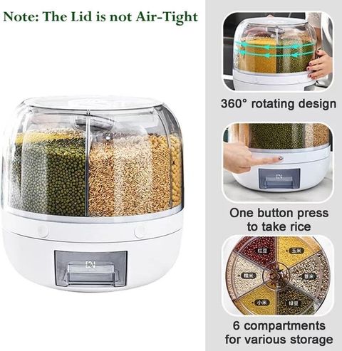 Iktu 6-Grid 360° Rotating Food grain Dispenser, Rice Storage Container- 6 Kgs Storage Box (White) - Image 6