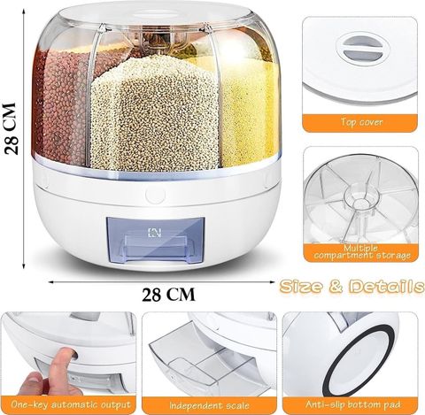 Iktu 6-Grid 360° Rotating Food grain Dispenser, Rice Storage Container- 6 Kgs Storage Box (White) - Image 5