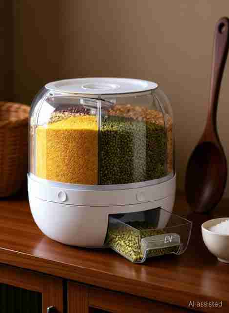 Iktu 6-Grid 360° Rotating Food grain Dispenser, Rice Storage Container- 6 Kgs Storage Box (White) - Image 3