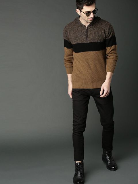 Roadster Men Colorblock Hooded Neck Brown Sweater - Image 8