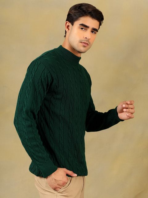 KVETOO Men Self Design High Neck Green Sweater - Image 7
