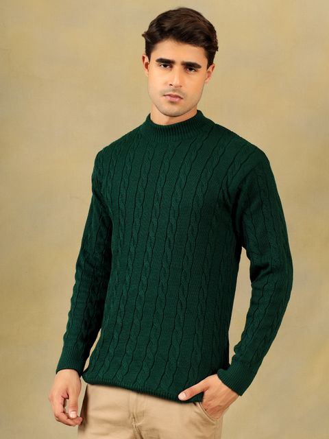 KVETOO Men Self Design High Neck Green Sweater - Image 8