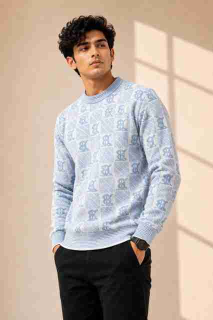 VEERA Men Printed Crew Neck Sweater (Light Blue, White) - Image 5
