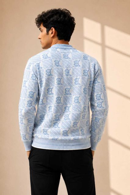 VEERA Men Printed Crew Neck Sweater (Light Blue, White) - Image 6