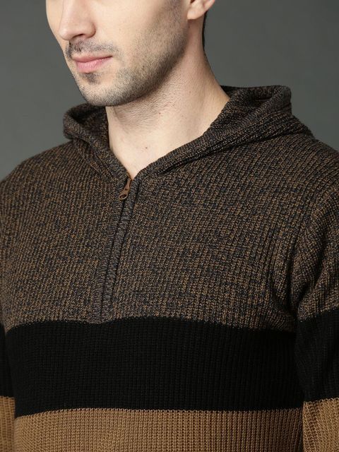 Roadster Men Colorblock Hooded Neck Brown Sweater - Image 6