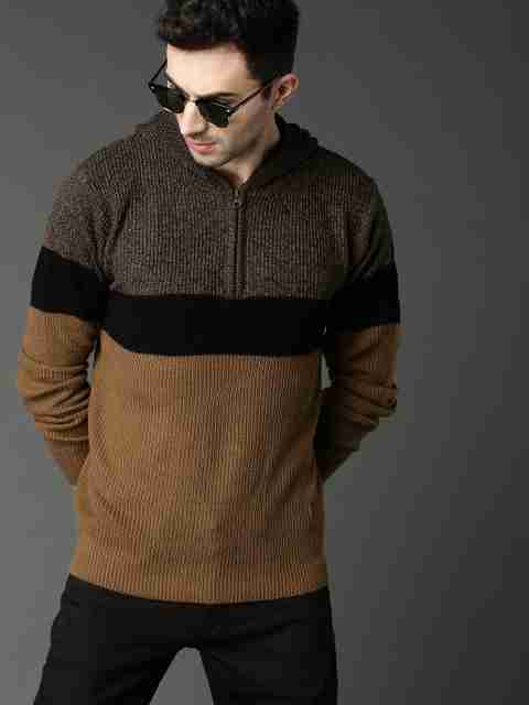Roadster Men Colorblock Hooded Neck Brown Sweater - Image 5