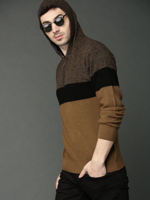 Roadster Men Colorblock Hooded Neck Brown Sweater - Image 7