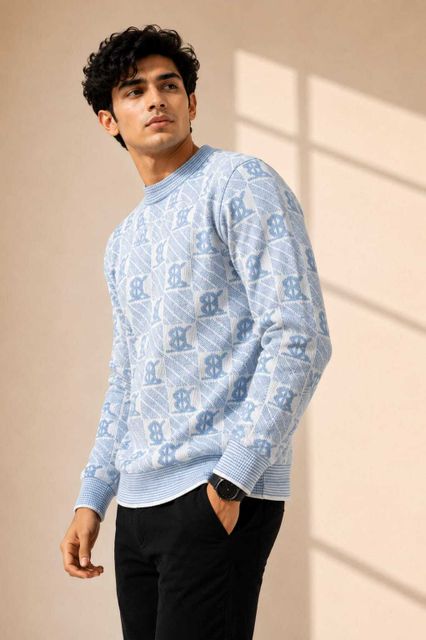 VEERA Men Printed Crew Neck Sweater (Light Blue, White) - Image 7