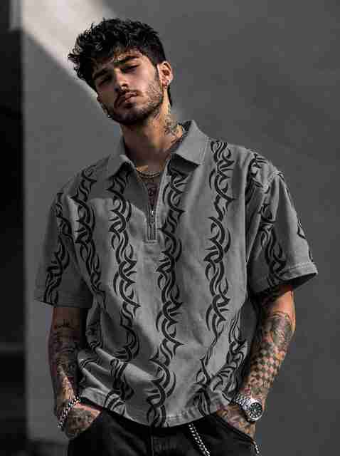 Force Men Printed Zip Neck Cotton Blend Grey T-Shirt - Image 3