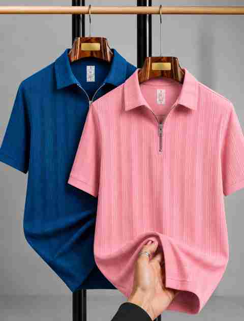 SOPANI Pack of 2 Men Self Design Zip Neck Polycotton Multicolor T-Shirt - Image 5