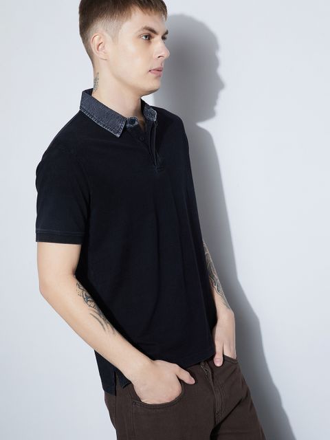 Forca by Lifestyle Men Solid Polo Neck Cotton Blend Black T-Shirt - Image 3