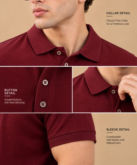 Roadster Men Solid Polo Neck Pure Cotton Maroon T-Shirt - Image 6
