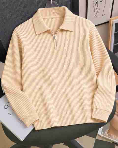 AOOSH Men Self Design Zip Neck Cotton Blend Beige T-Shirt - Image 5