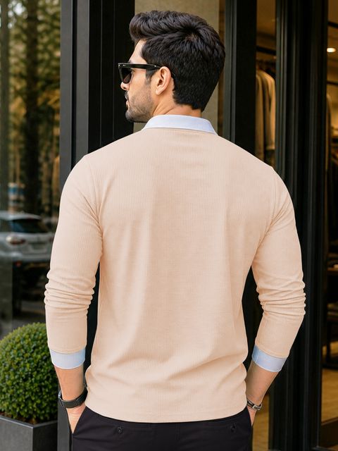 VeBNoR Men Self Design Polo Neck Polyester Beige T-Shirt - Image 6