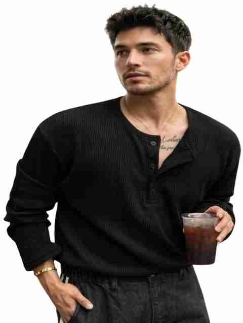 HeraDawn Men Striped Henley Neck Polyester Black T-Shirt - Image 5