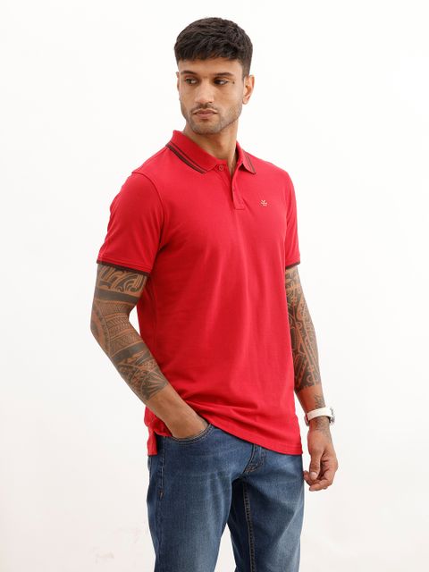 WROGN Men Solid Polo Neck Pure Cotton Red T-Shirt - Image 8