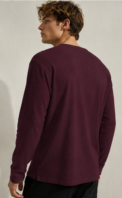 NOOK Men Self Design Henley Neck Cotton Blend Maroon T-Shirt - Image 8