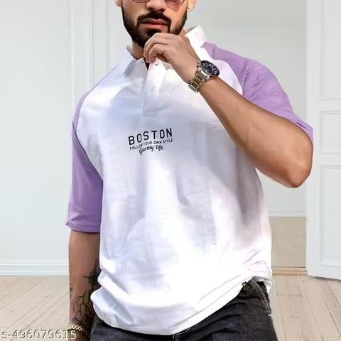 PATOIS Men Colorblock Polo Neck Cotton Blend Purple T-Shirt - Image 5